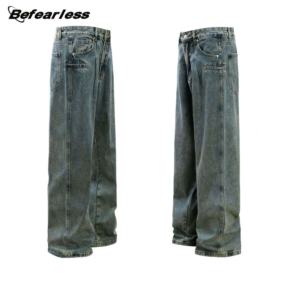 American Style Washed Vintage Loose Jeans Unisex Straight Vibe Wide Leg Pants B5