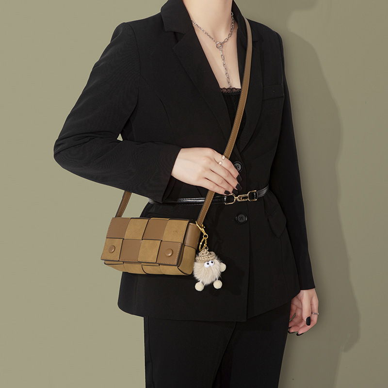 01-Color-Block Plaid Shoulder Autumn Winter New Woven Crossbody for Women Small Square Bag