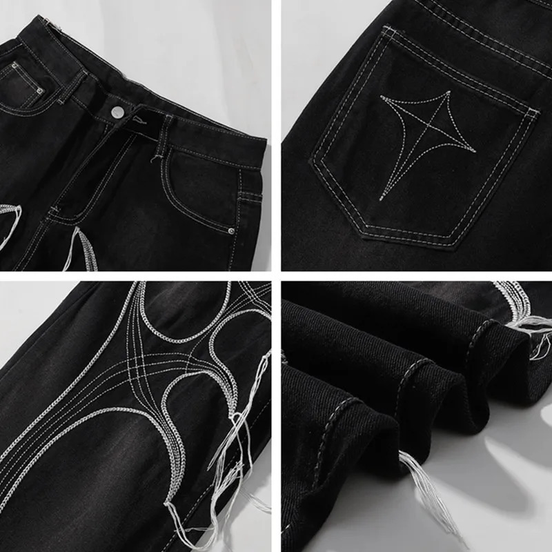 Cyber Y2K Streetwear Wing Embroidery String Stacked Baggy Jeans Pants For Men er Clothes Rock Black Long Trousers 250813