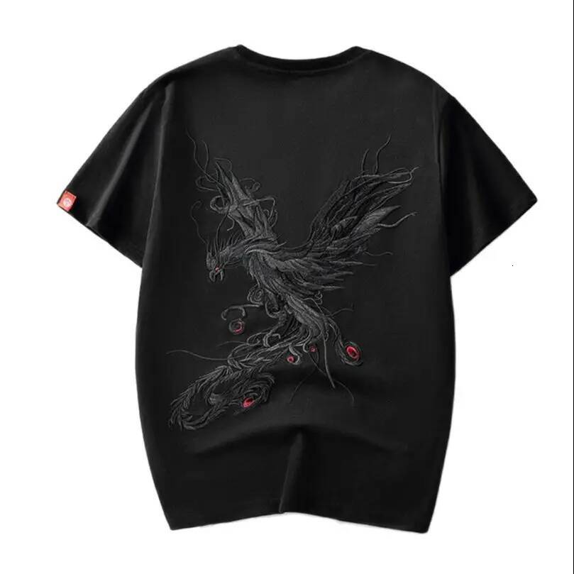 2025 Summer Cotton Trend Oversize Short Sleeve T-Shirt Men's National Chinese Style Tshirt Men's Phoenix Embroidery Top Tee Z1