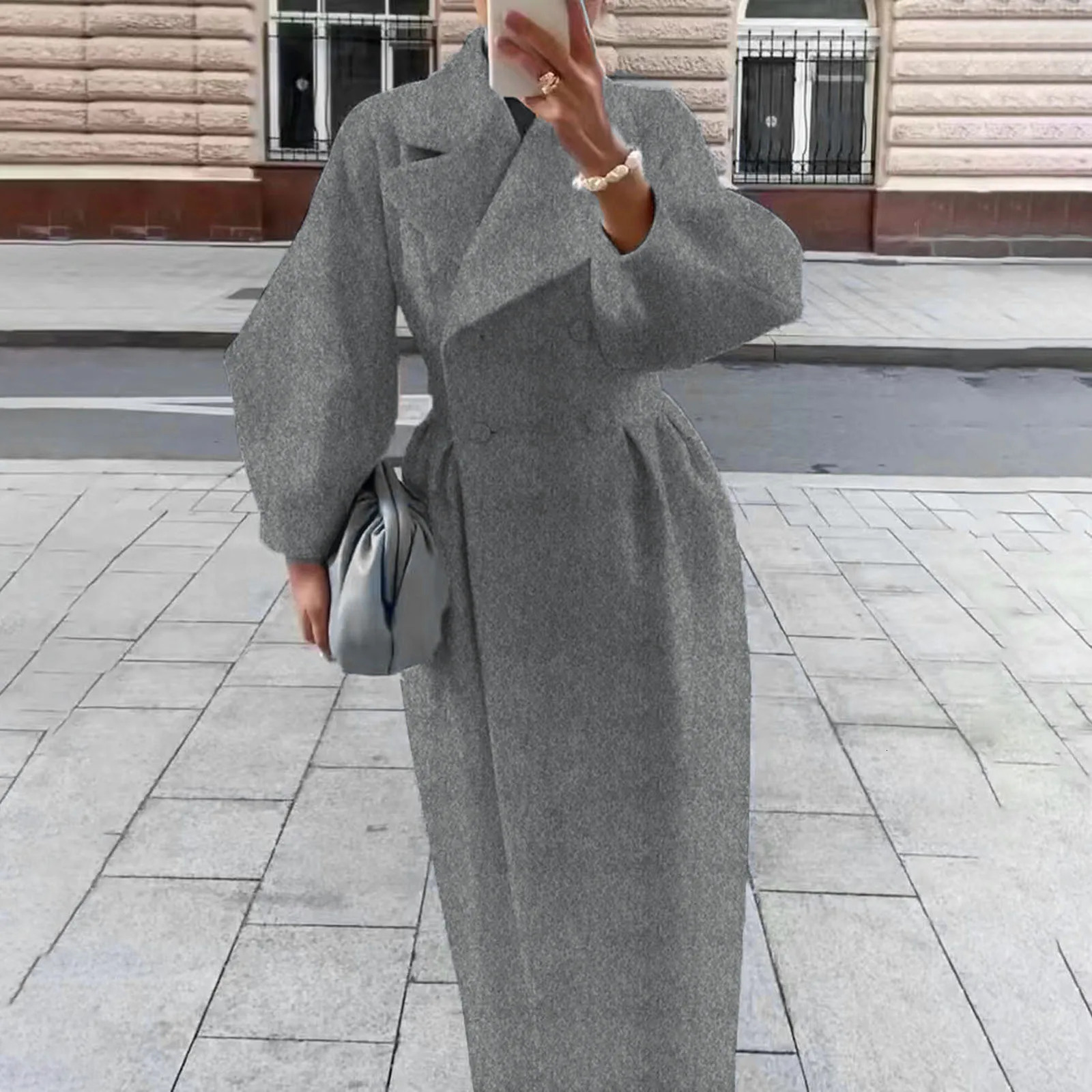 Solid-color Outerwear Lady Commuting Jacket Elegant Womens Woolen Double-breasted Coat with Lantern Sleeves Retro for Commuting 250813