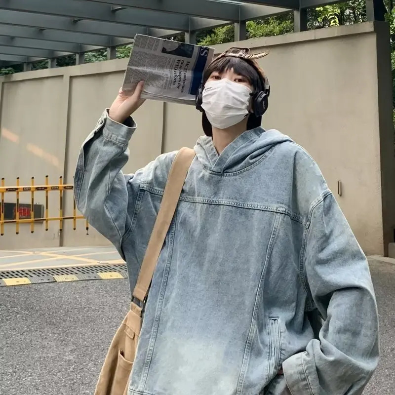 American Washed Retro Denim Hoodie Mens Sense Hooded Y2k Harajuku Autumn And Winter Fashion Trend Heavy Oversize Coat 250813