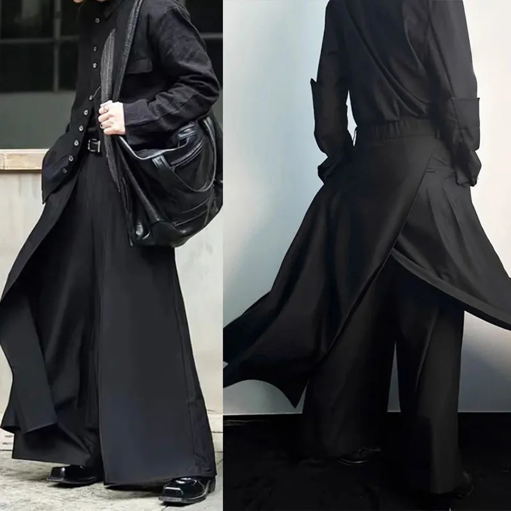 Gothic Culottes Overlap Y2K Double Layer Dark Culottes Pleated Wide Leg Niche Casual Pants Skirt Unisex Mens Clothing 250813
