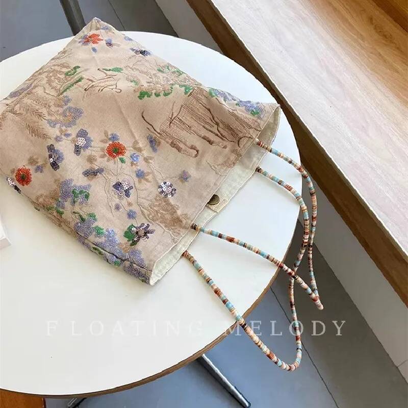 Flower Printed Women's Shoulder Bags Fashion Shopping Large Capacity Handbag Student Girls Bead Embroidered Tote high-quality