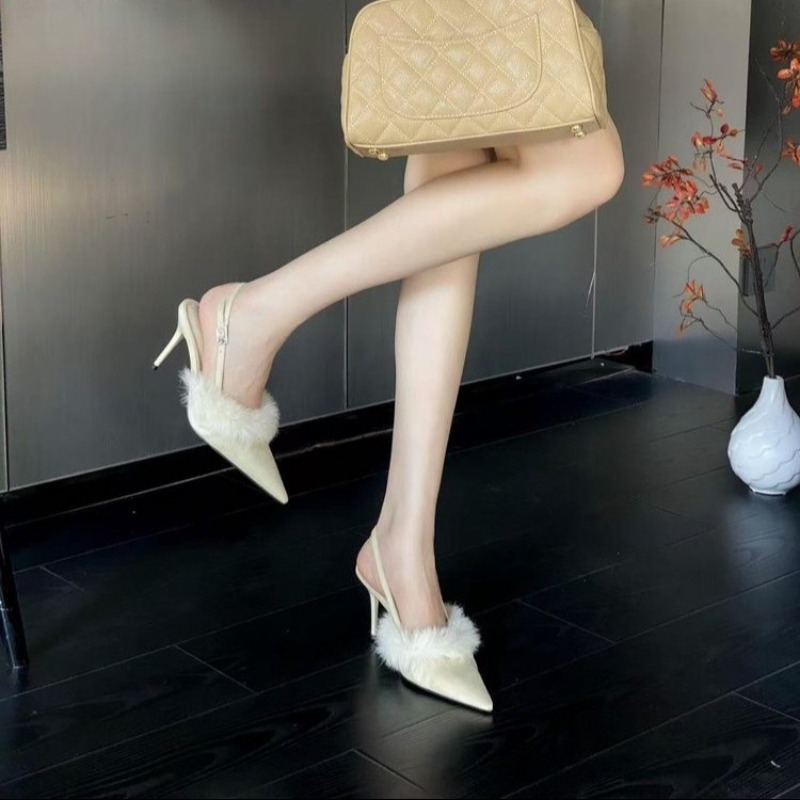 Women's Shoes Outer Wear Thin Heels Plush Sandals Pointed High Heels