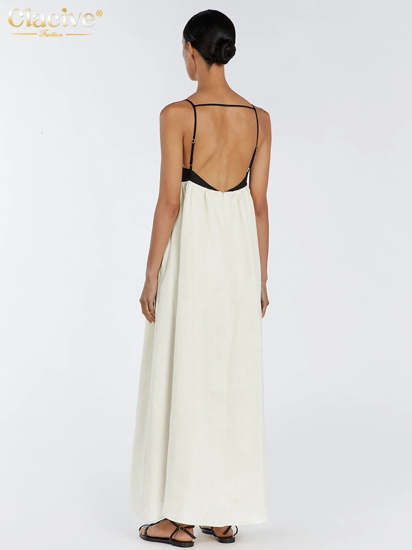 Clacive Sexy Loose Beige Cotton WomenS Dress Summer Strap Sleeveless Ankle Length Dresses Elegnat Classic Female Dress 250813