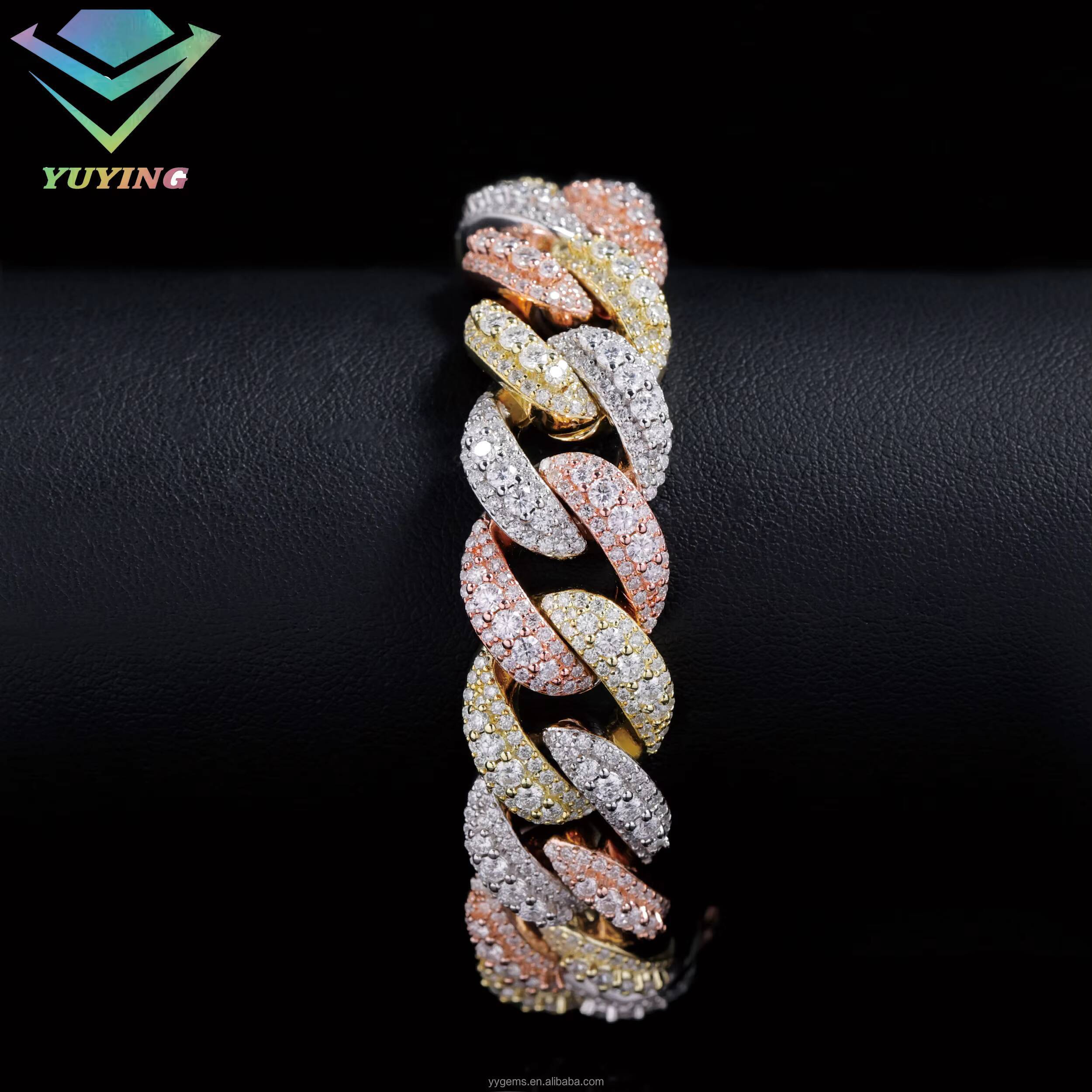 3 Tone White Rose Gold Tricolor Men Iced Out Moissanite Raised S VVS Dia Cuban Link Chain Necklace Jewelry