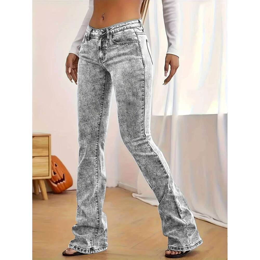 Fashion Women's Gray Low-Rise Slim Fit Bootcut Jeans, Y2K Style, Snow Wash, Streetwear Elegant Denim Pants
