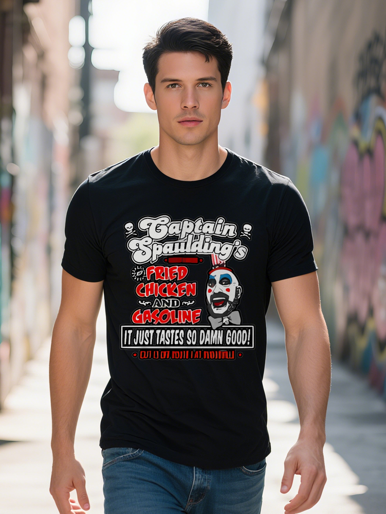 Men s Casual Graphic T Shirt Captain Spaulding Fried Chicken Gasoline Horror Movie Design Black Regular Fit Round