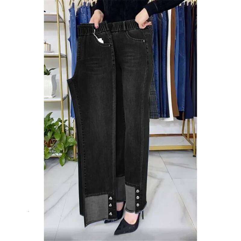 Middle-aged Women's Jeans Spring Autumn Stretch Straight Denim Pants Large Size Loose High Waist Casual Black Blue Trouser
