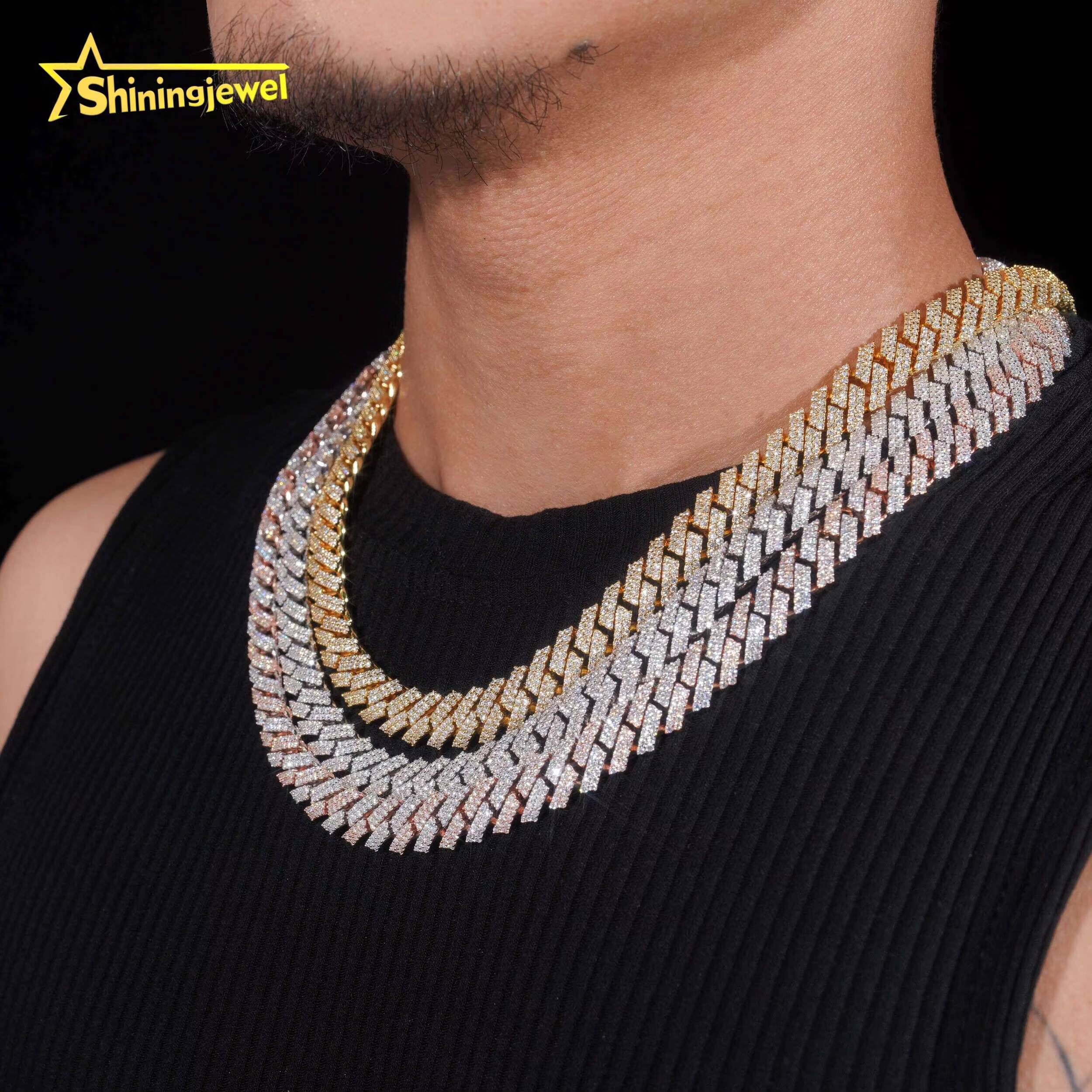 High Quality Hip Hop Jewelry Men Fashion Necklaces 12mm 2 Rows 925 Sterling Silver Iced Out Moissanite Diamond Cuban Link Chain