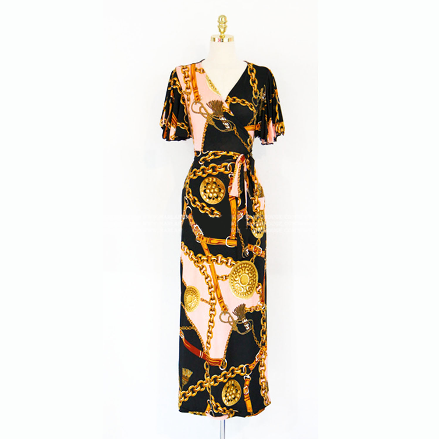 Designer Dress Vintage Style Casual Dresses 2025 Spring/Summer Women's Printed Style V-Neck Gold Chain Strap Waist Long Dress