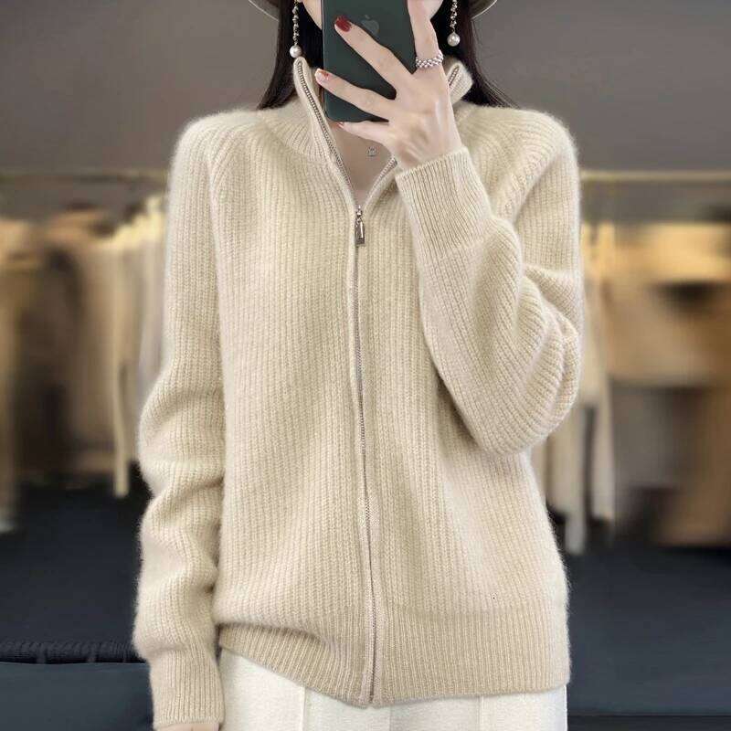 Women's 100% Merino Wool Knitting Sweater Turtleneck Zipper Cardigan Autumn/Winter Casual Loose Top Thickening Cashmere Jacket 20250809