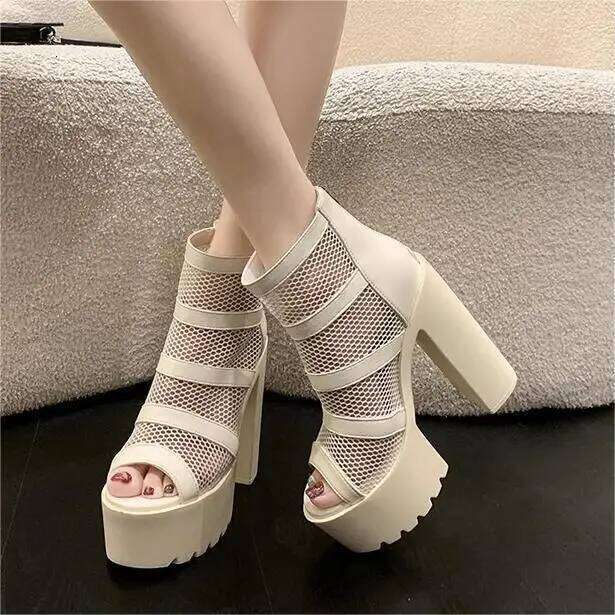 Peep Parker Gothic High Heel Sandals for Women, Zipper Rinse Boots, Breathable Mesh, Waterproof Platform Boot, Summer, Black,