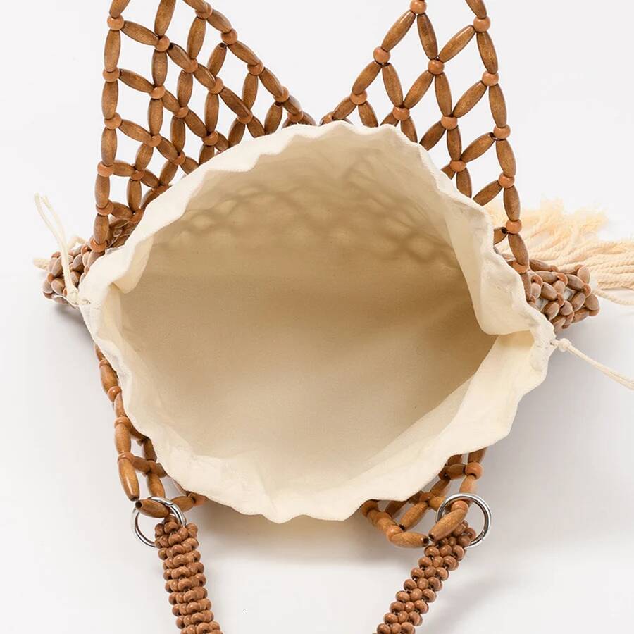 Summer Braided Bead Purse Handbags Solid Color Hollow-out Woven Tote Female Travel Fringe Beach Reticulate netted Canvas Clutch high-quality