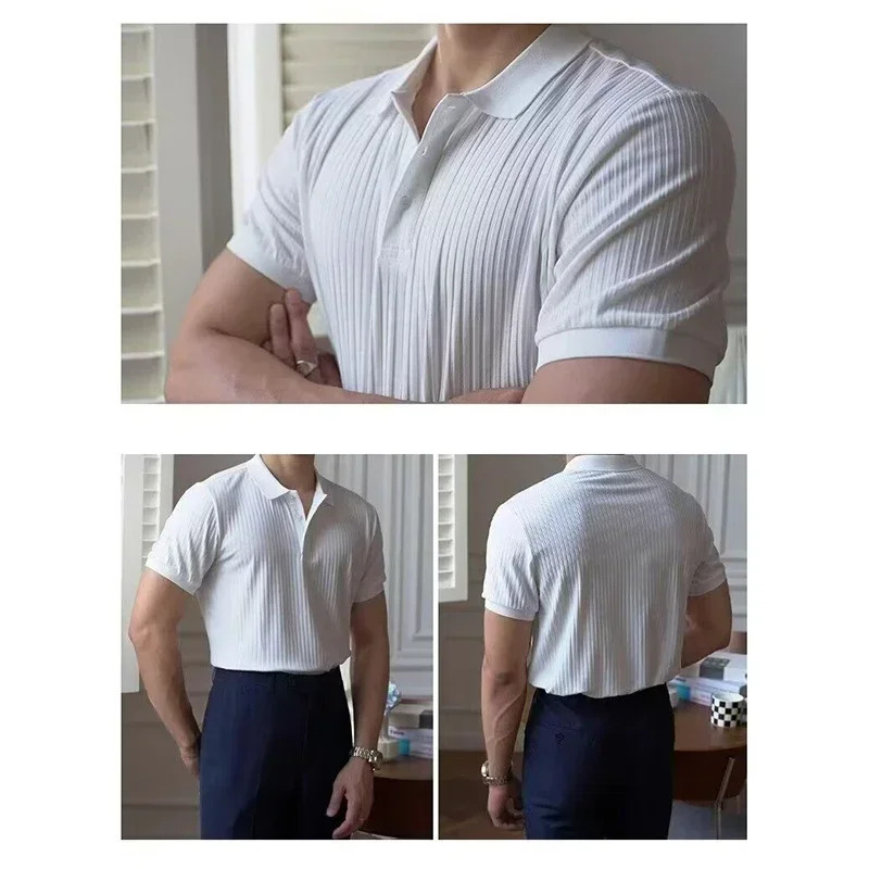 Summer Mens Clothing Retro Knit Lapel Striped Polo Shirt Solid Color Short Sleeve Fashion Light Knitwear M-5XL 250813