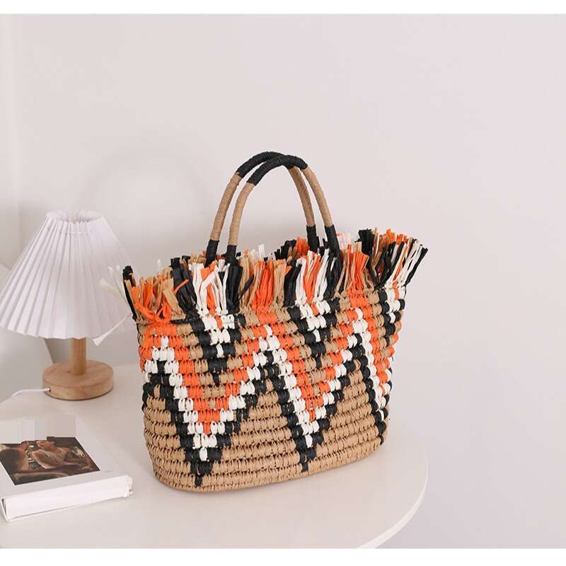Retro Straw Loose Edge Hand Held Colorblock Woven Seaside Holiday Beach Women's Bag