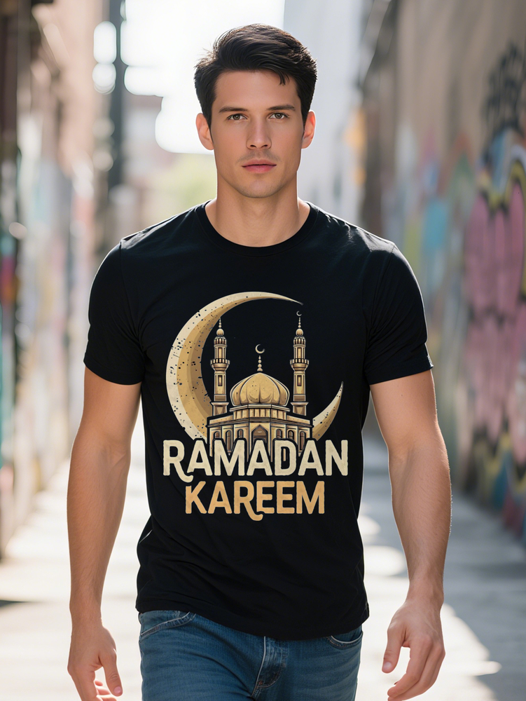 s Casual Crew Neck T Shirt with Ramadan Kareem Print Black Ideal Gift for Men 5dac4