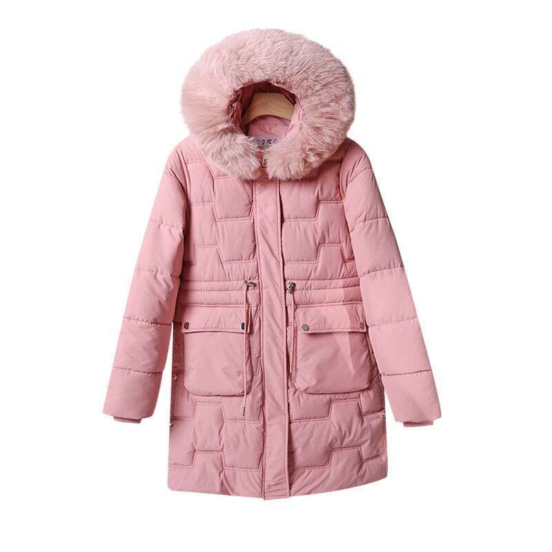 Autumn Winter Women Parkas Korean Fashion Solid Fur Collar Hooded Pockets Zipper Thicken Long Drawstring Down Coats Tops