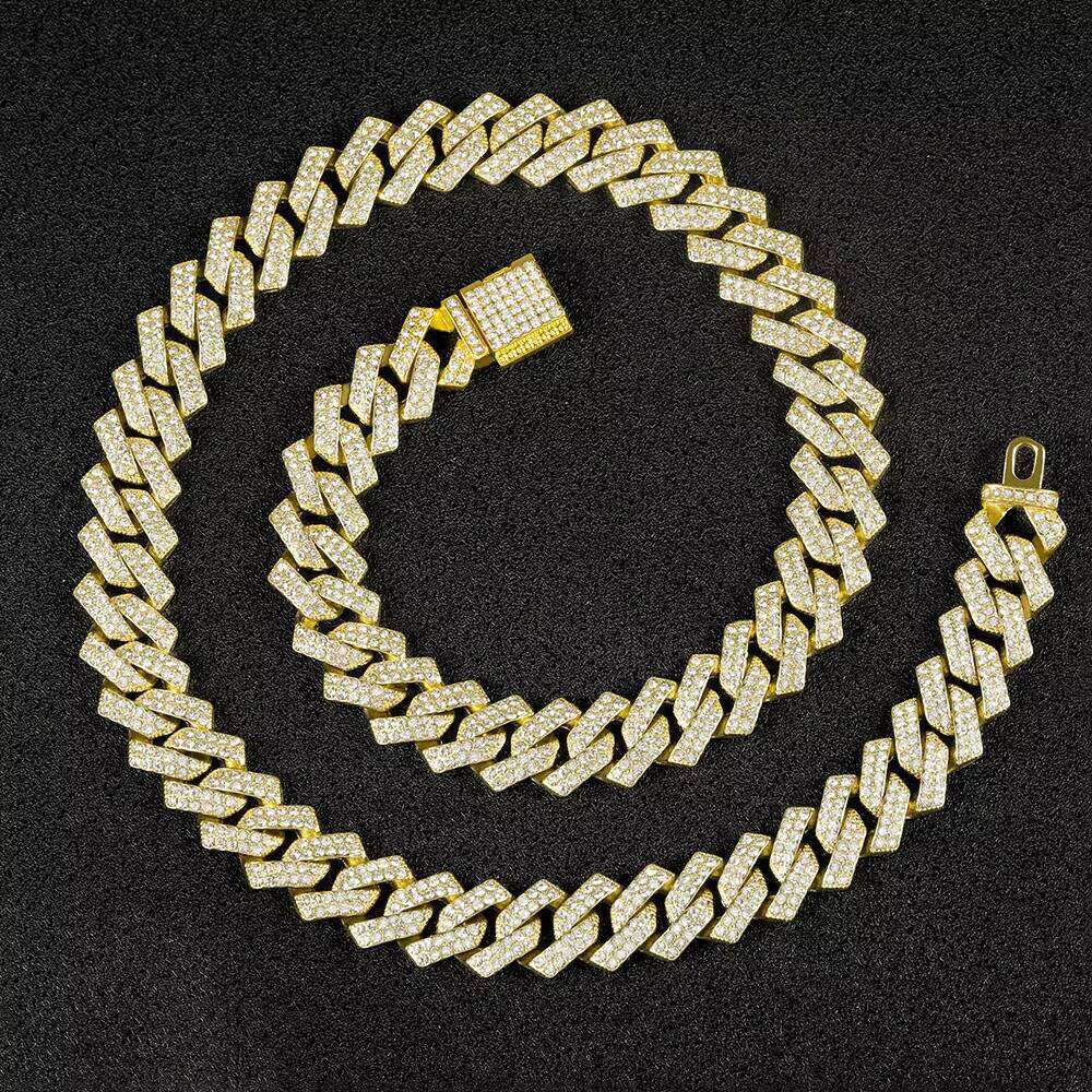 High-Quality 15mm Full Flip Source Manufacturer's Geometric Link Hip-Hop Cuban Chain Necklace Bracelet Main Alloy