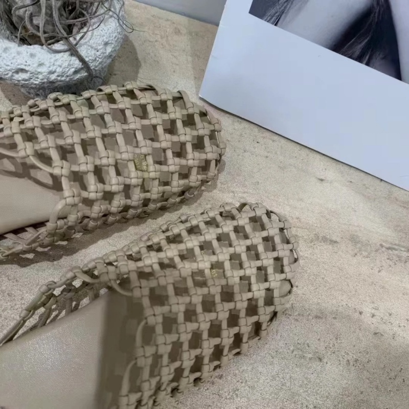 Woman Sandals Mules Sheepskin Hand-woven Mesh Breathable Hollow Fishing Net Flat-bottomed Half-slippers For Women For Summer Outdoor Round Toe Solid C