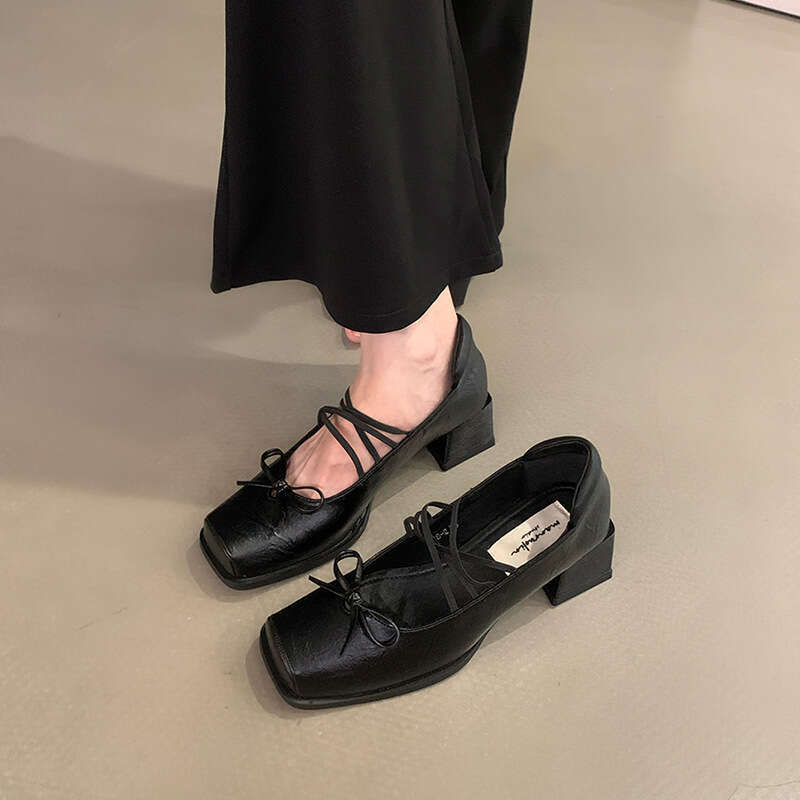 French Style Square Toe Ballet Flats Small Leather 2025 New Bowknot Shallow Mouth Chunky Heel Mary Jane Shoes for Women