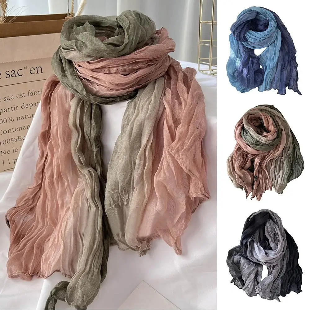 Scarf Cotton Hemp Gradient Blue Autumn Winter Retro Versatile Printed Womens Long Fold Shawl Soft Fashionable Trend 250813