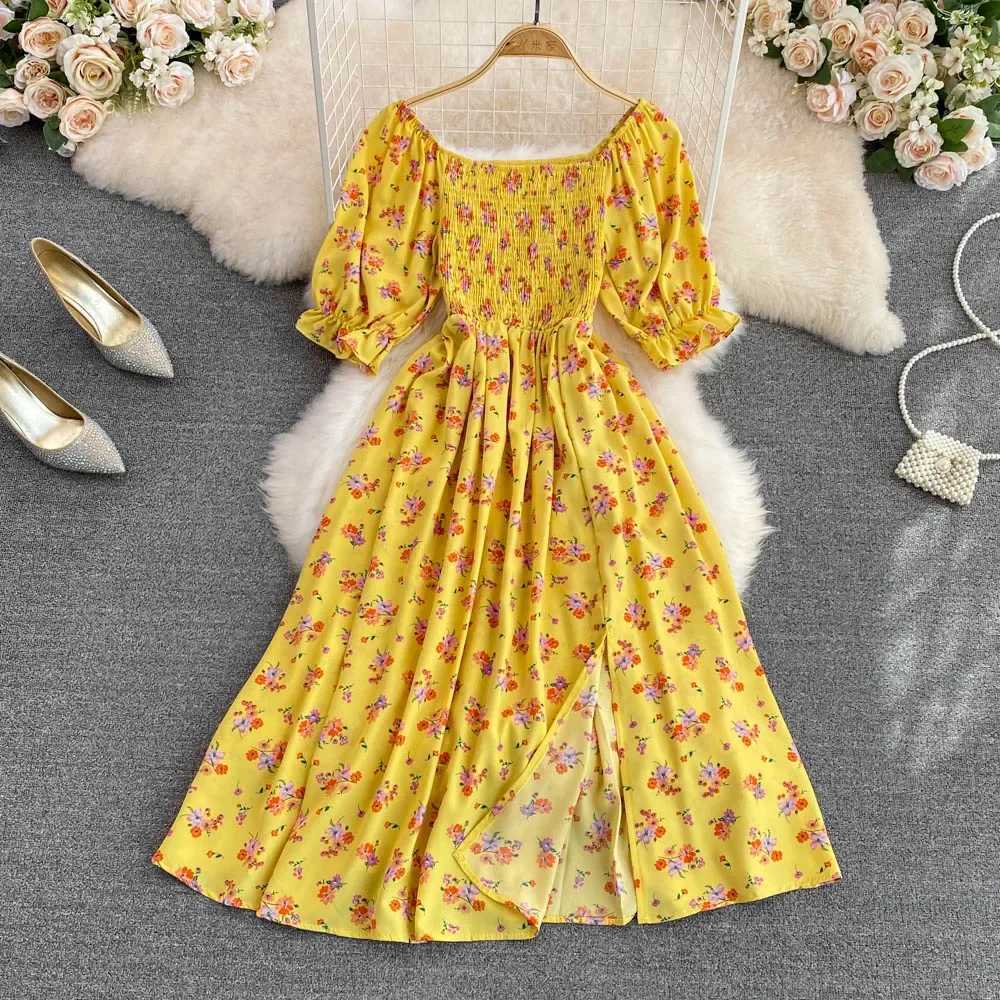 2026 Fashion New Summer Flower Print Long Dress Women Vintage Square Neck Ruched Chest Split Sundress Party Dresses XJ250814