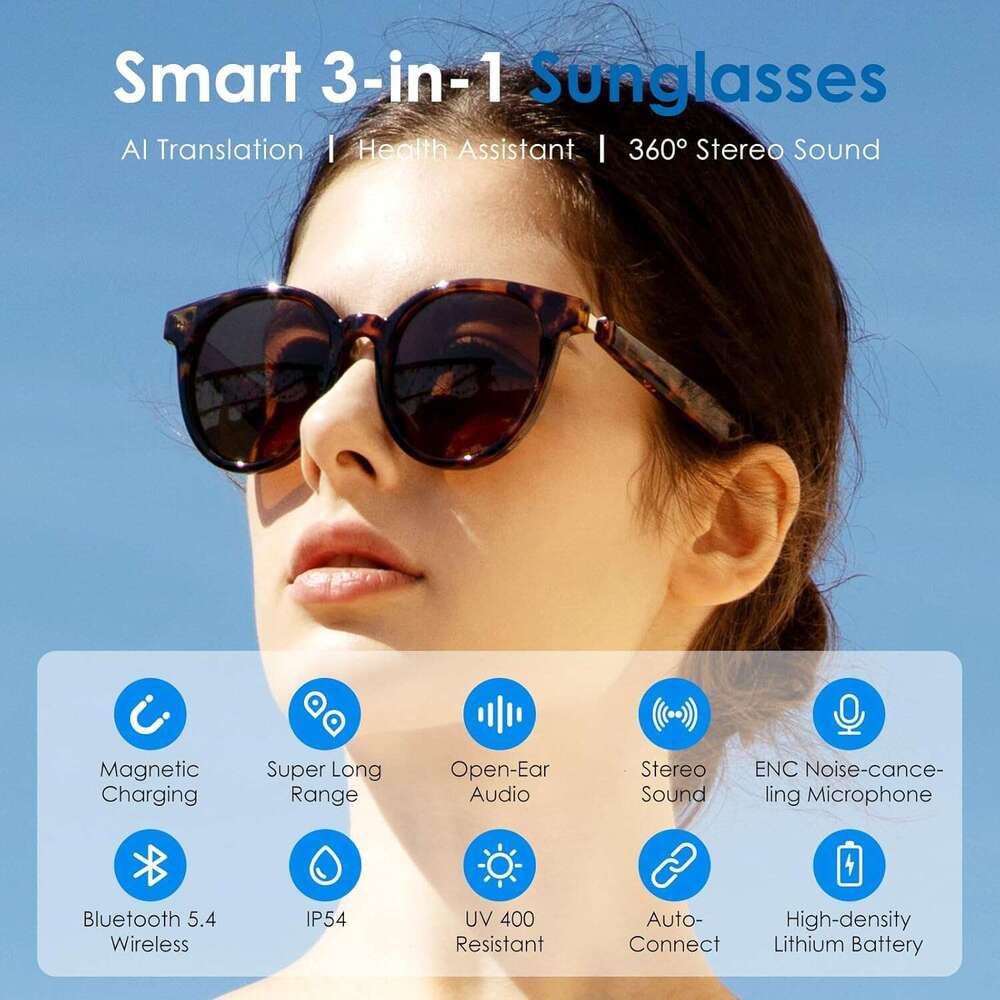 GetD Sunglasses, Round Polarized Lenses Bluetooth for Men and Women with Speaker, Music AI Translator, 11 Hours Battery Life, Voice Control, Travel Dr