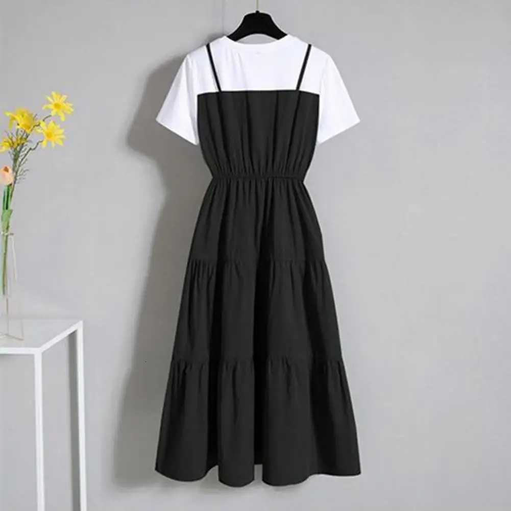 2 Pieces Women Dress Color Block Short Sleeve Waist Tight Long Dress Korean Fashion Summer Midi Dresses Streetwear XJ250814