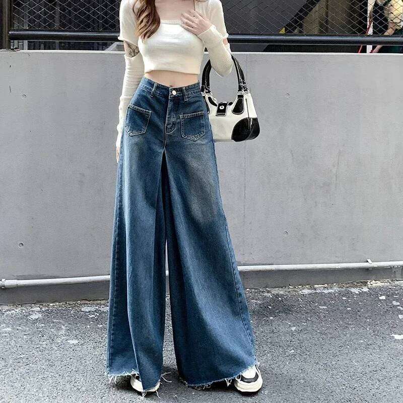 Woman High Waist Vintage Designer Wide Jeans Female Gothic Loose Straight Leg Pants Girls Light Blue Denim Trousers