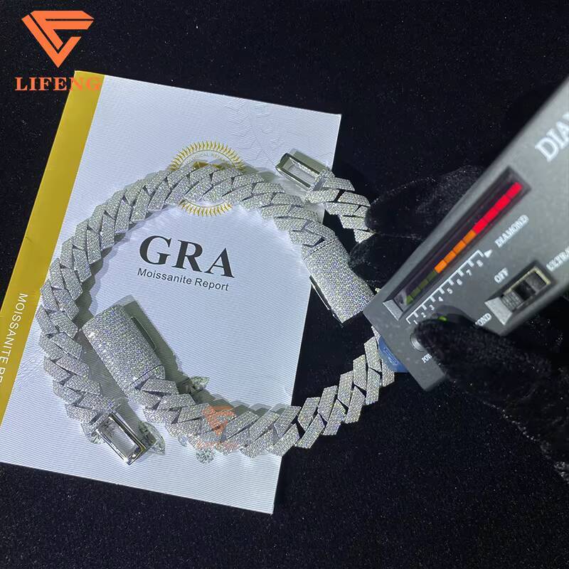 12mm VVS Moissanite Cuban Necklace Hot Sale Bling Moissanite 925 Sterling Silver Cuban Link Chain Hip Hop Jewelry