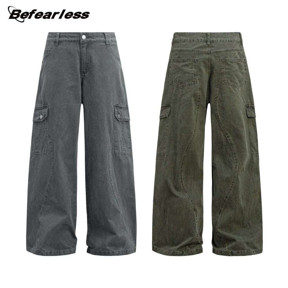 American Style Washed Vintage Loose Straight Cargo Unisex Trendy Multi-Pocket Draped Casual Long Pants B5