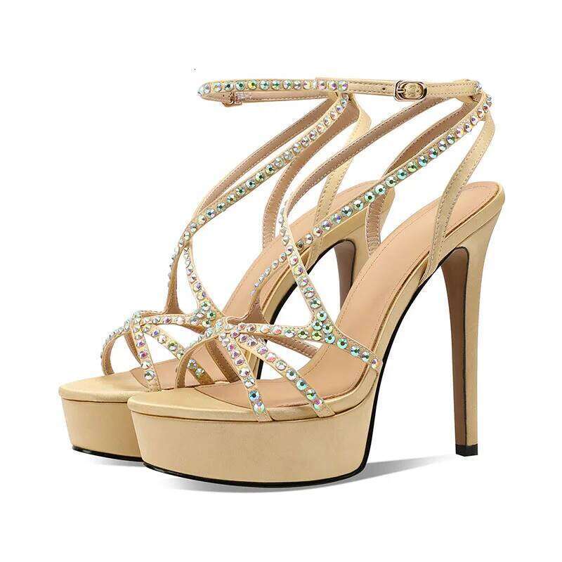 Arden Furtado 2025 Summer Silk Round Open toe Platform Super high heel Sexy Crystal word-cingulate Ankle Strap Sandals