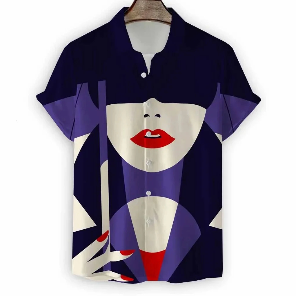 2024 Beach Modern Girls Print Mens Shirt Casual Fashion Button Lapel Streetwear Oversized Short Sleeve 250804