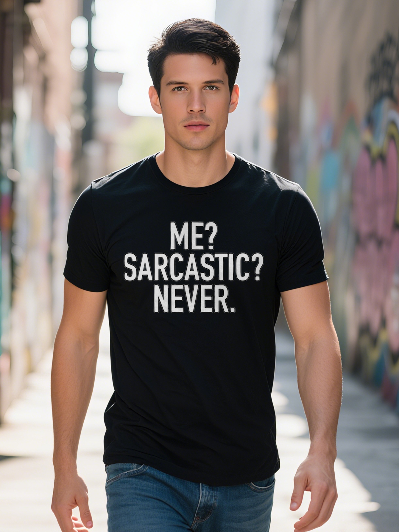 Men s Sarcastic Text Print T Shirt ME SARCASTIC NEVER Bold White Lettering on Black Round Neck Short Sleeve Summer