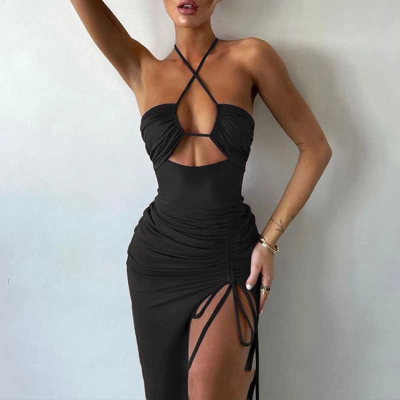 Summer Black Sexy Dress For Women Sleeveless Backless Hollow Out Party Dress Fashion Lace-up Halter Bodycon Ele Split Dress XJ250814