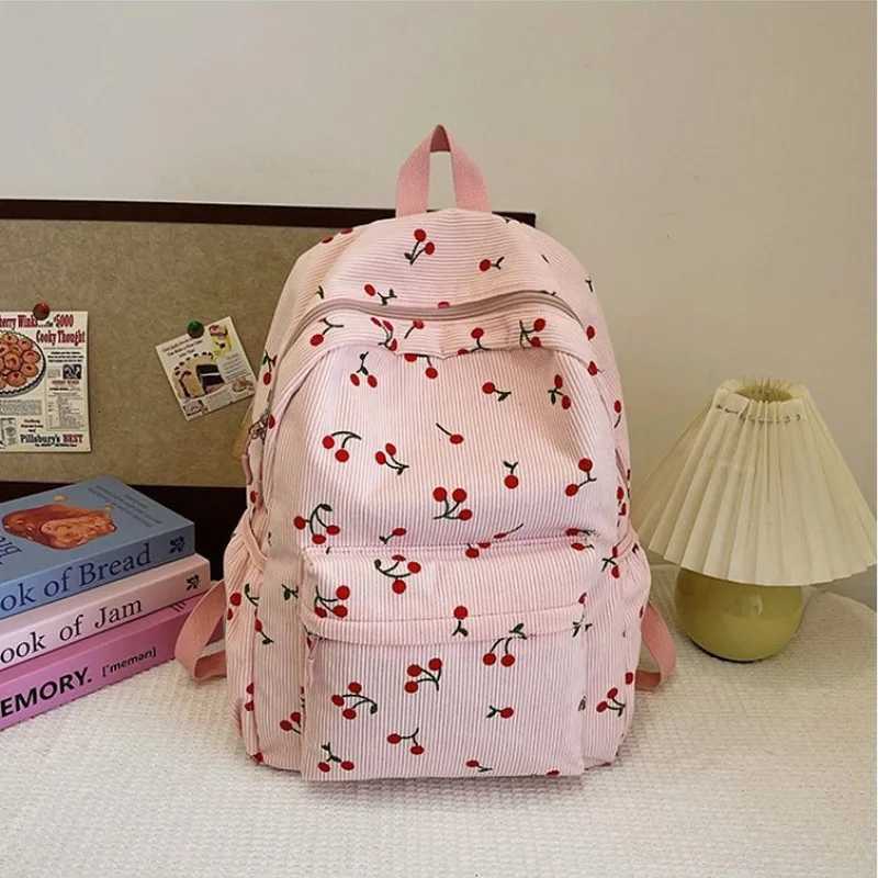 Corduroy Backpack Cherry Pattern Women Travel Daypack Adjustable Strap Laptop Backpack Zipper for Work Shopping School Backpacks XJ250814