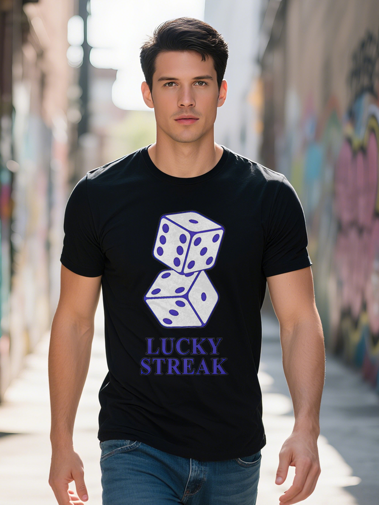Men s Graphic T Shirt Lucky Streak Dice Print Black with Purple Lettering Lightweight Summer Round Neck Tee Regular
