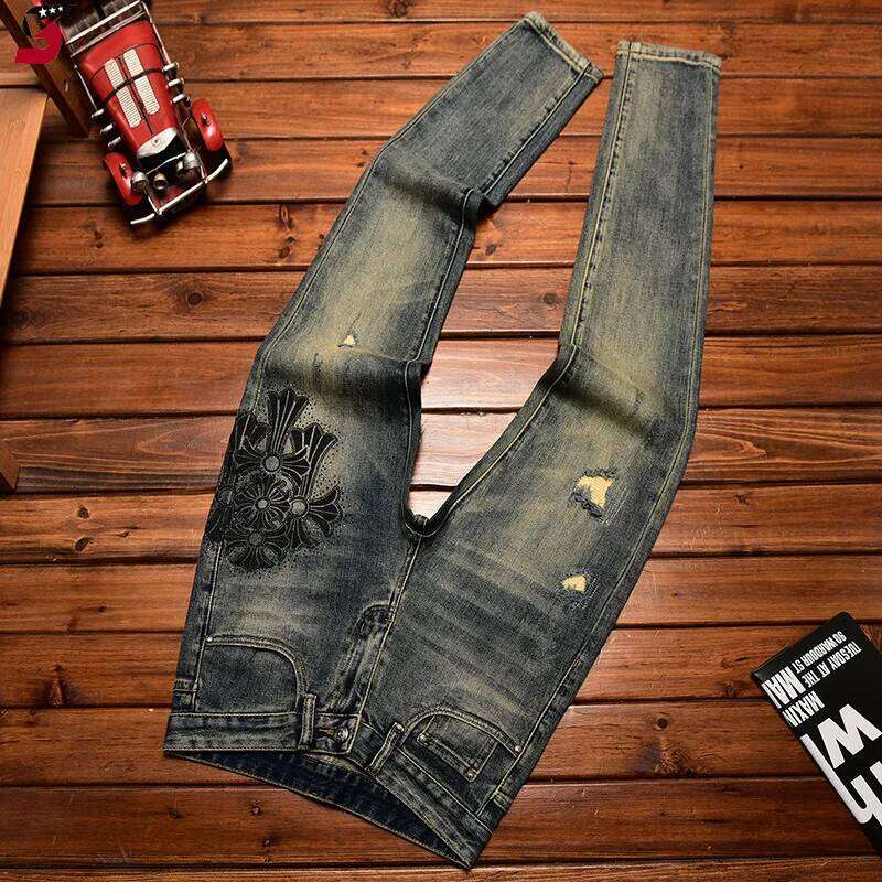 High-End Jeans Men's Autumn and Winter Trends Hole & Patch Light Printed Stretch Slim Fit Skinny Smart Trousers