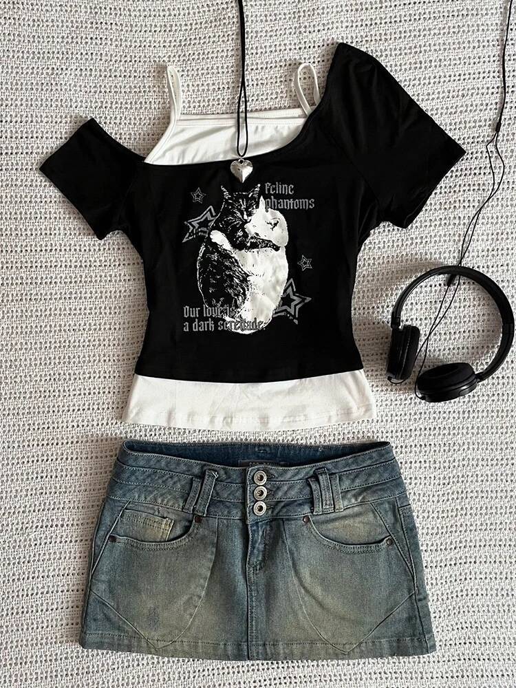 2025 Aesthetic Gothic Bat Underwear YK Style Second Time T-shirt Short Sleeve Vest Harajuku Street Wear Pants Women's Clothing Shirt Designer Top