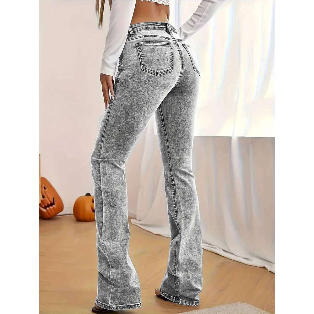 Fashion Women's Gray Low-Rise Slim Fit Bootcut Jeans, Y2K Style, Snow Wash, Streetwear Elegant Denim Pants