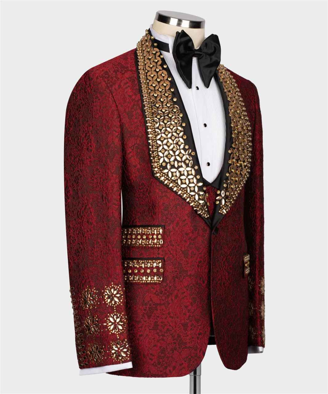 Gold Gem Stone Crytals Men Suits Shawl Lapel Groom Wedding Tuxedo 3 Pieces Sets Dinner Party Blazers Customized Costume Homme