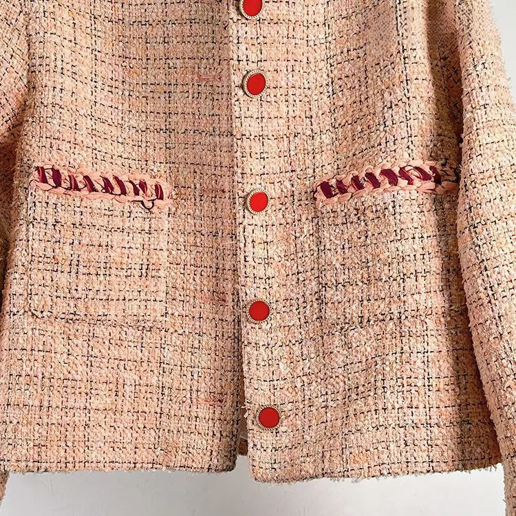 Autumn Winter Socialite Tweed Elegance Style Pink Women Single Breasted Round Neck with Pockets Short Coat