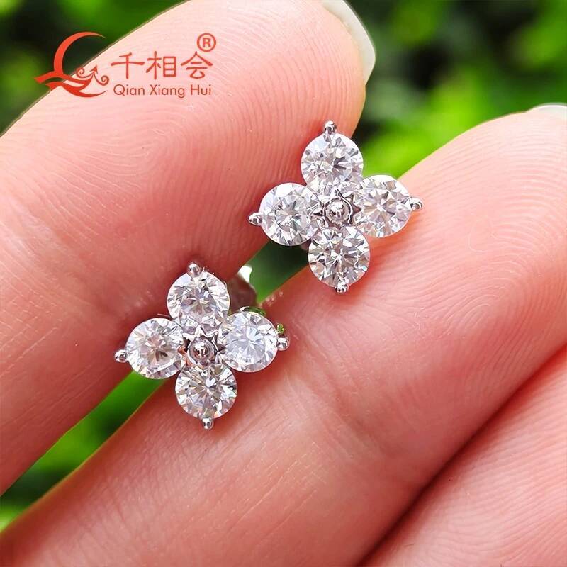 S925 Silver White Moissanite Four Leaf Clover Stud Earrings 1.6ct 3.5mm round Jewelry Gift for Valentines Day Wedding