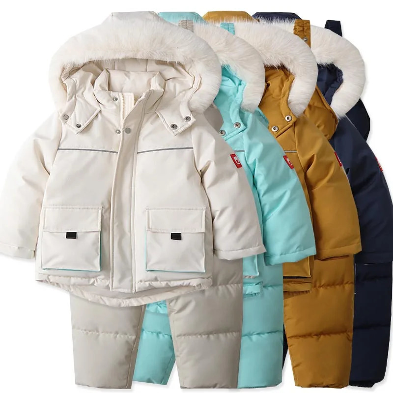 Childrens Ski Suit Windproof And Waterproof Down Jacket And Pants Snow Coat Overalls Children Down Pants Parkas Soft Warm Sets 250813