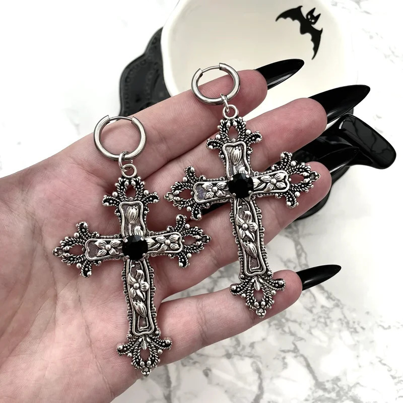 Gothic Large Silver Colour Tone Jewel Cross Earrings with Black Punk Hallowmas Jewellery Gorgeous Wedding Statement Women 250812