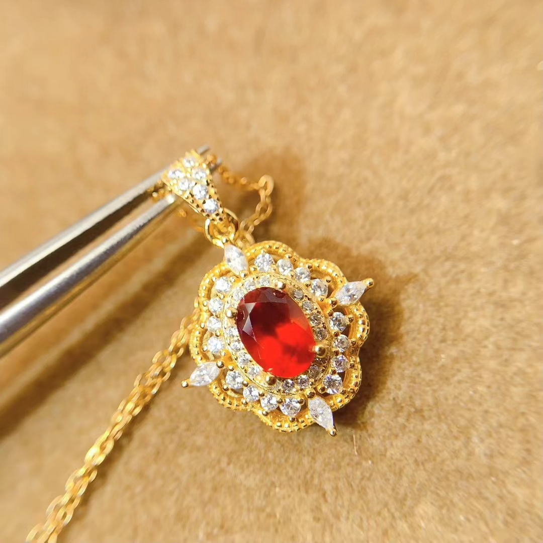 18K gold plated 925 silver fanta garnet pendant 5mm*7mm natural garnet necklace pendant 45cm 925 silver necklace