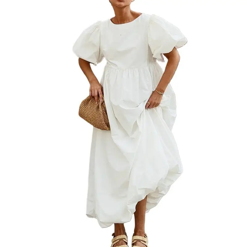 2025 Women Summer Puff Sleeve Bohemain White Long Dress High Waist Loose Style Cotton Boho Maxi Dress Vestidos Clothes 250813
