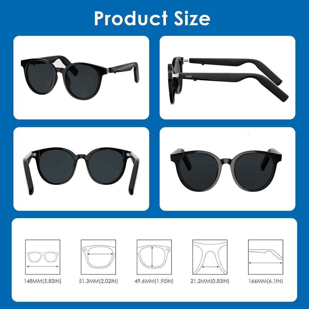 GetD Glasses, Translator Powered by ChatGPT, AI Assistant, Bluetooth Men and Women, Polarized Sunglasses, Audio Smart for Gaming, Travel, Meetings, Me